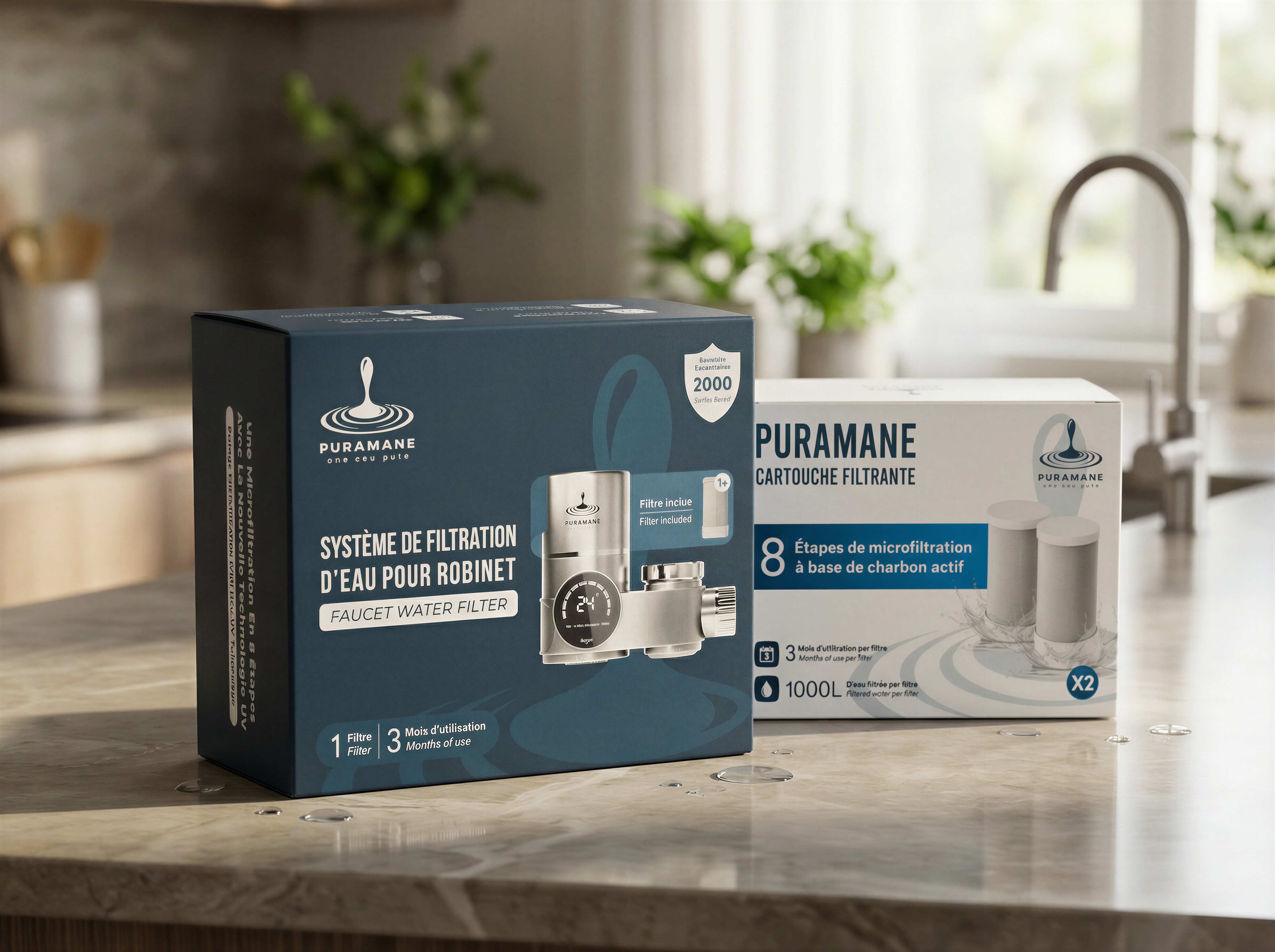 Filtre à eau Puramane pour robinet cuisine - Purificateur charbon actif et UV